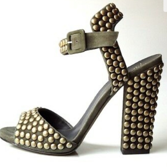 Giuseppe ZANOTTI Military army green ankle strap Gold STUDDED heels shoes - Picture 2 of 9